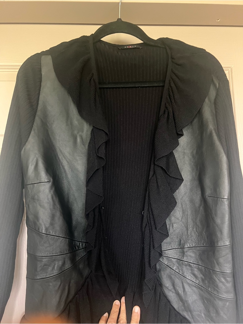 Cyrus Black Ruffle Front Leather-Panel Jacket